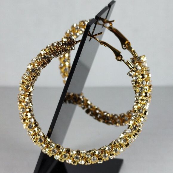 Gold Tone Metal White Colorless Rhinestones Hoop Statement Fashion Earrings - Picture 11 of 16